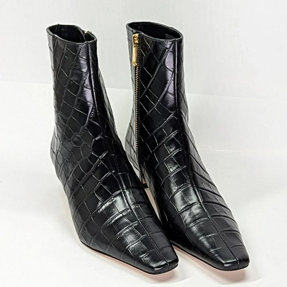 Michael Kors Black Croc-Embossed Leather Ankle Boots